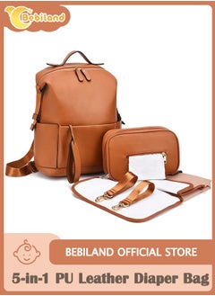 Bebiland 5-in-1 PU Leather Diaper Bag Backpack with Changing Pad, Cosmetic Bag and 2 Stroller Straps, Large Capacity, Waterproof, Stylish Travel Baby Bag for Mom (Brown)  - Image 1