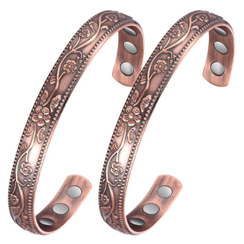 Jecanori 2Pcs Magnetic Copper Bracelets for Women, Vintage Flower 99.99% Pure Copper Bracelets with 3500 Gauss Magnets - Image 1