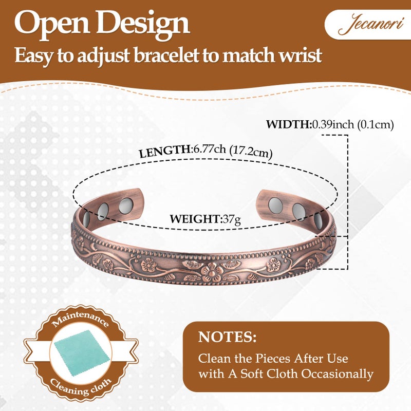 Jecanori 2Pcs Magnetic Copper Bracelets for Women, Vintage Flower 99.99% Pure Copper Bracelets with 3500 Gauss Magnets - Image 4