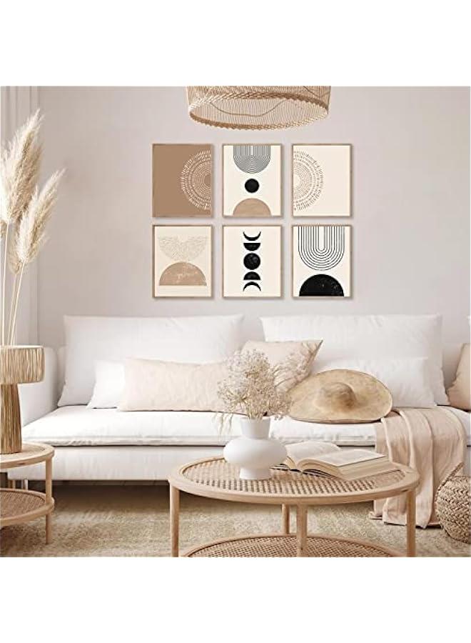 KBKBART مجموعة مطبوعات فنية جدارية بوهو تجريدية من 6 قطع، لوحة فنية جدارية بوهو هندسية بسيطة باللونين الاسود والبني والبيج، صور لوحة فنية من القماش بنمط منتصف القرن، ملصقات حائط لغرفة النوم وغرفة المعيشة - Image 2