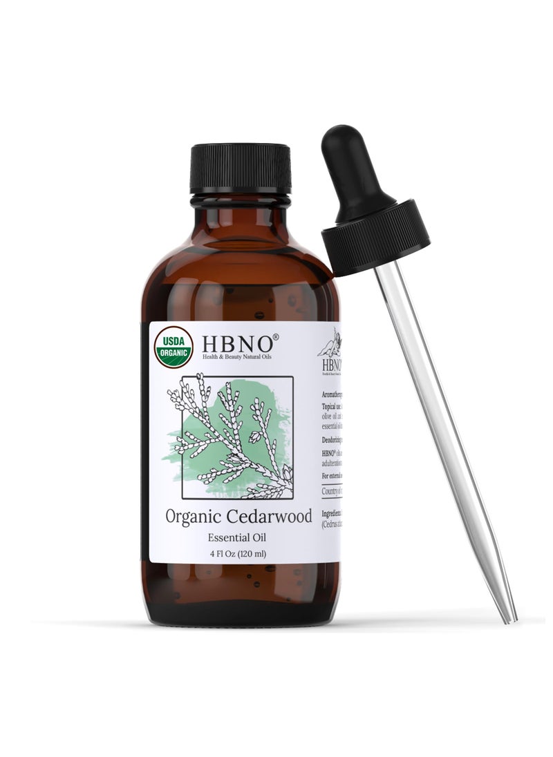 hbno HBNO Organic Cedarwood Essential Oil - Huge 4 oz (120ml) Value Size - USDA Certified Organic Cedarwood Essential Oil for Aromatherapy, Soap Making, DIY, Fragrances, Diffuser.  - Image 1