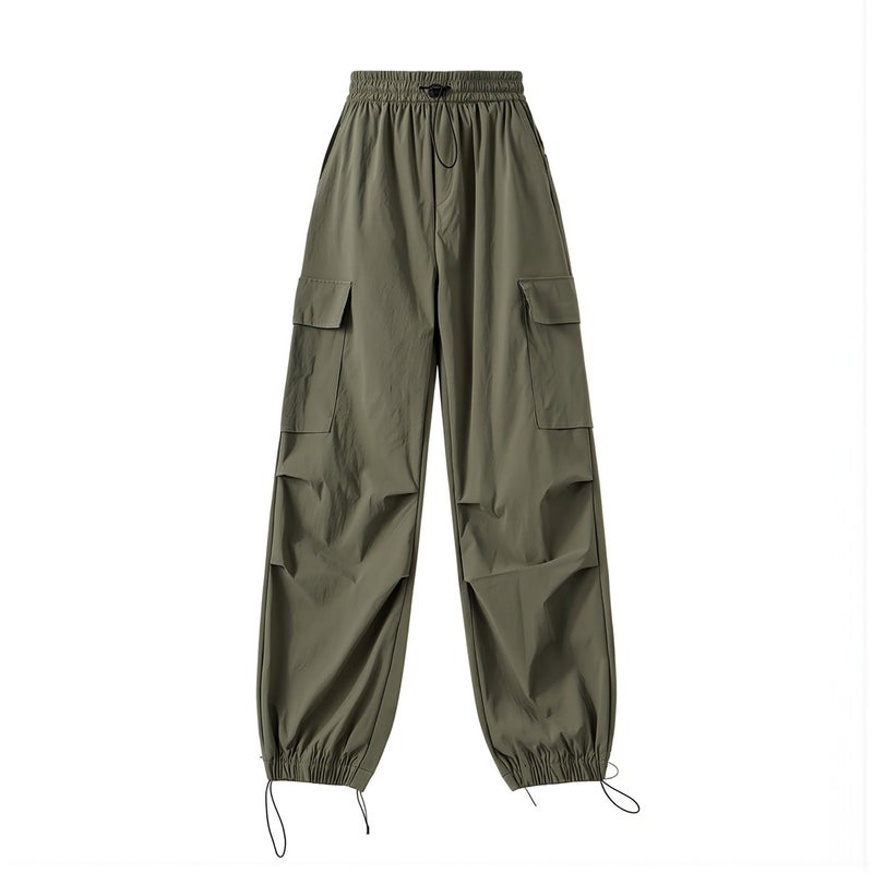 Womens Quick Dry Cargo Pants Loose Wide Leg Drawstring Casual Summer Gray - Image 3