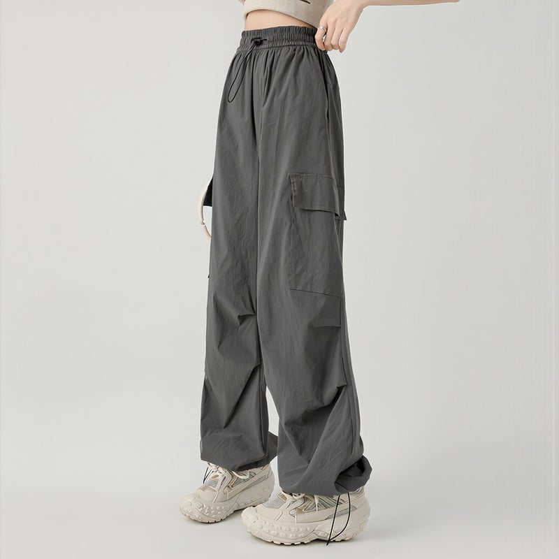 Womens Quick Dry Cargo Pants Loose Wide Leg Drawstring Casual Summer Gray - Image 1