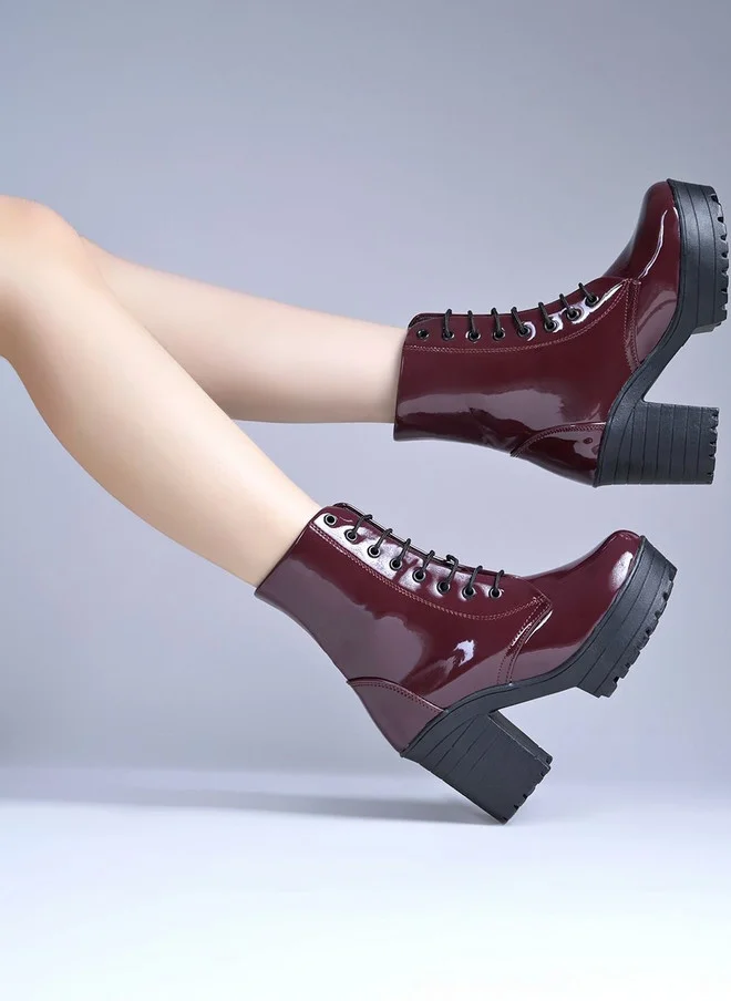 شوتوبيا Shoetopia Women Maroon Patent Leather Mid-Top Lace-Up Regular Boots