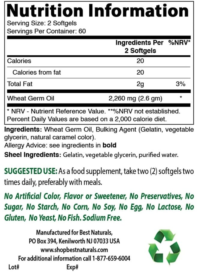 Best Naturals Wheat Germ Oil 1130 Mg 120 Softgels  - Image 2