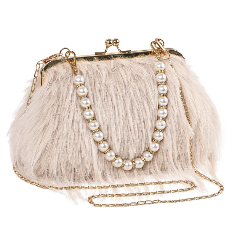 FeelfunFeather Women Clutch Purses,Fluffy Feather Evening Handbags for Wedding Party Banquet Prom Crossbody Bag with Detachable Chain(Khaki) - Image 1