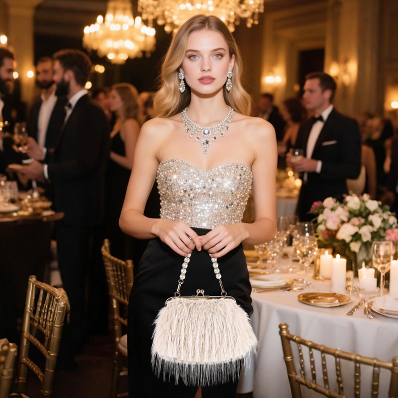 FeelfunFeather Women Clutch Purses,Fluffy Feather Evening Handbags for Wedding Party Banquet Prom Crossbody Bag with Detachable Chain(Khaki) - Image 2