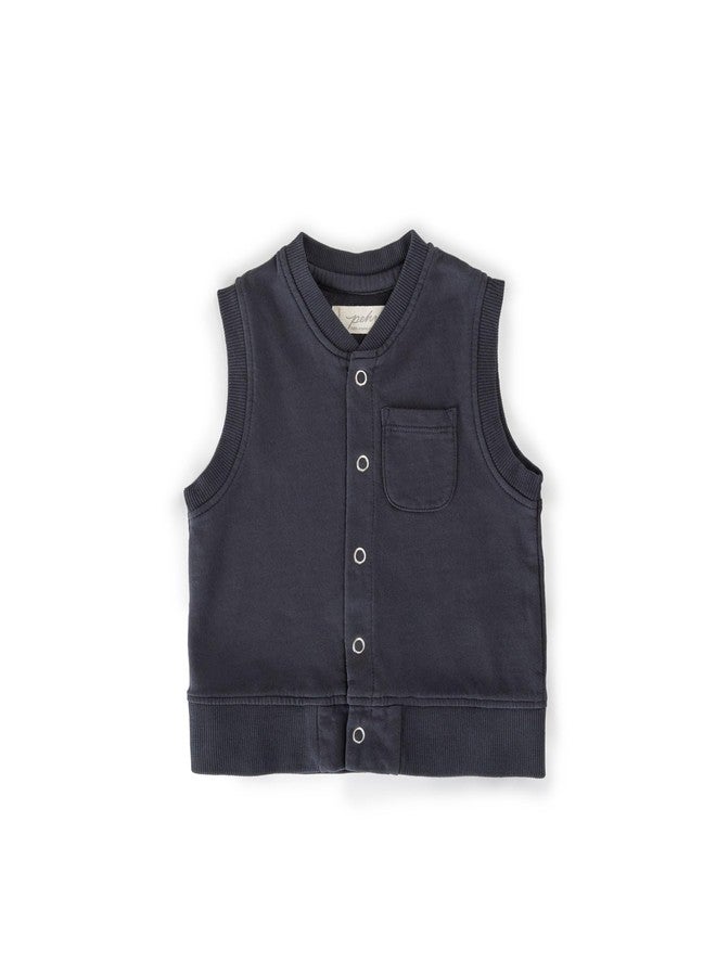 PEHR French Terry Patch Pocket Vest, Ink Blue | 100% Organic Cotton, Vintage-Washed French Terry, Unisex Baby & Toddler Vest with Snap Front and Ribbed Trim | Sizes 12-24 Months - Image 1