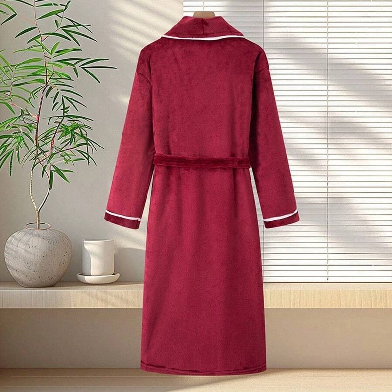 Shein Women's White Trimmed Shawl Collar Flannel Bathrobe, With Belt, Long Sleeves, Plush Texture, Pocket Design, Suitable For Warm Winter Wear - Size M - Image 4