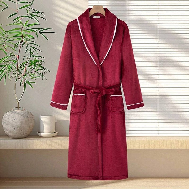 Shein Women's White Trimmed Shawl Collar Flannel Bathrobe, With Belt, Long Sleeves, Plush Texture, Pocket Design, Suitable For Warm Winter Wear - Size M - Image 1