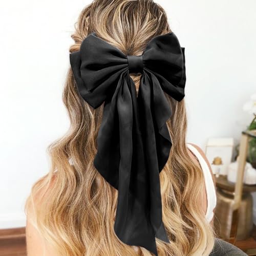 illpta Silky Satin Womens Hair Bows with Long Tail Bowknot for Hair Clips Accessories and Gifts Black - Image 3