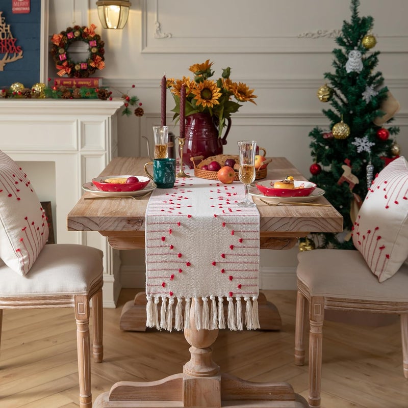 Caflife Christmas Table Runner 13 x 90 Inch Long Natural Cotton Woven Runner with Tassels for Home Dining Christmas Decorations, for Modern Farmhouse Holiday Boho Table Runner, Red and Beige - Image 2