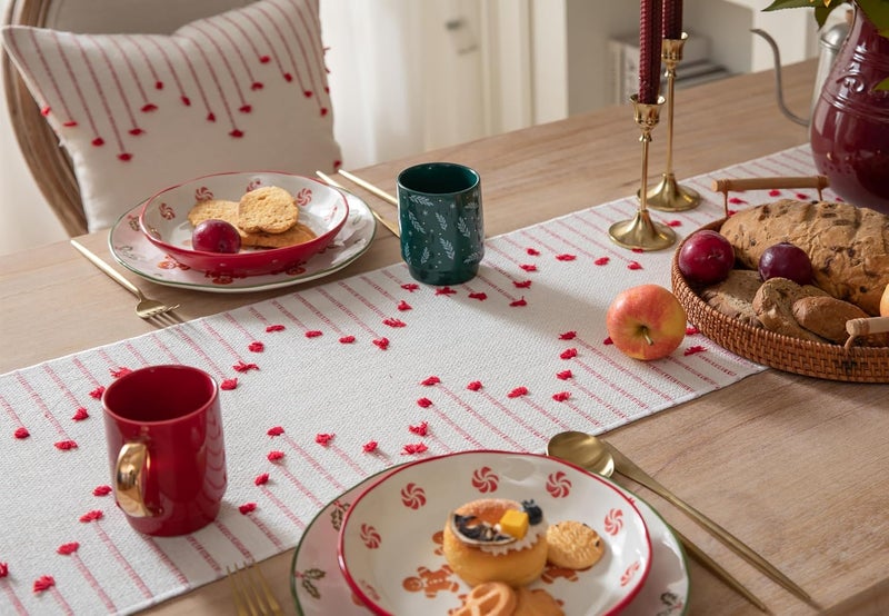 Caflife Christmas Table Runner 13 x 90 Inch Long Natural Cotton Woven Runner with Tassels for Home Dining Christmas Decorations, for Modern Farmhouse Holiday Boho Table Runner, Red and Beige - Image 3