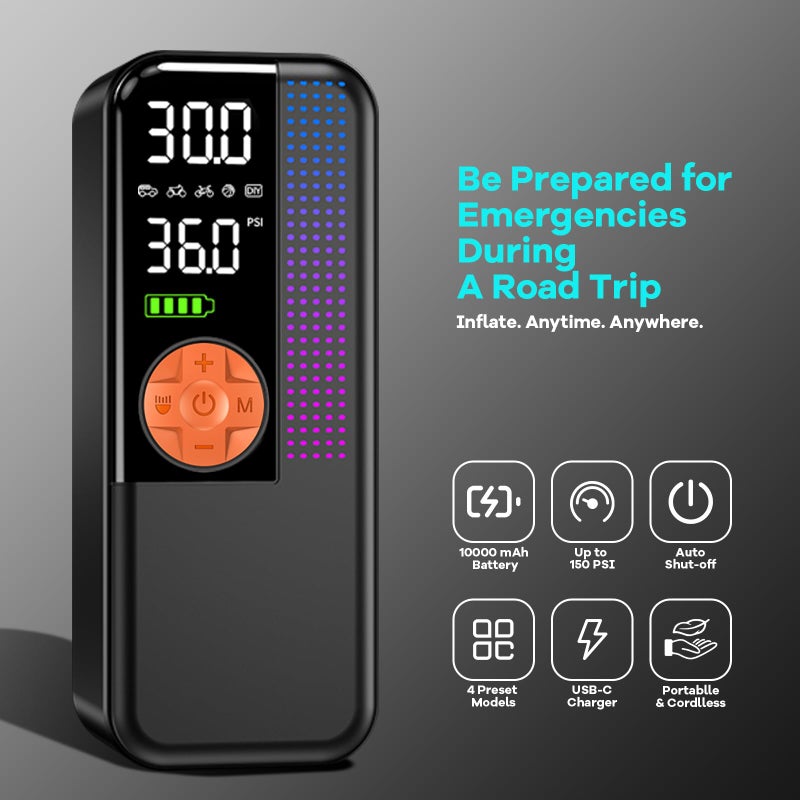 WEOLULI Tire Inflator Portable Air Compressor,150 PSI Cordless Air Pump, 12V DC Car Plug,Dual Power 10000mAh, Fast Inflation 24L/Min, 4 Preset Modes for Car, Bike, Motorcycle, Balls(Orange, 10000mAh) - Image 2