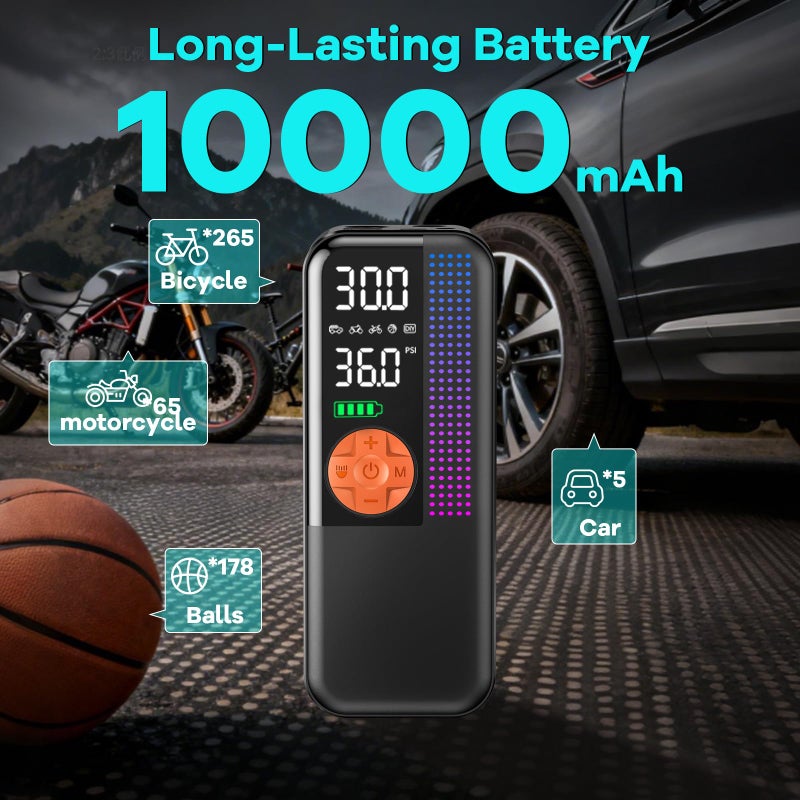 WEOLULI Tire Inflator Portable Air Compressor,150 PSI Cordless Air Pump, 12V DC Car Plug,Dual Power 10000mAh, Fast Inflation 24L/Min, 4 Preset Modes for Car, Bike, Motorcycle, Balls(Orange, 10000mAh) - Image 5