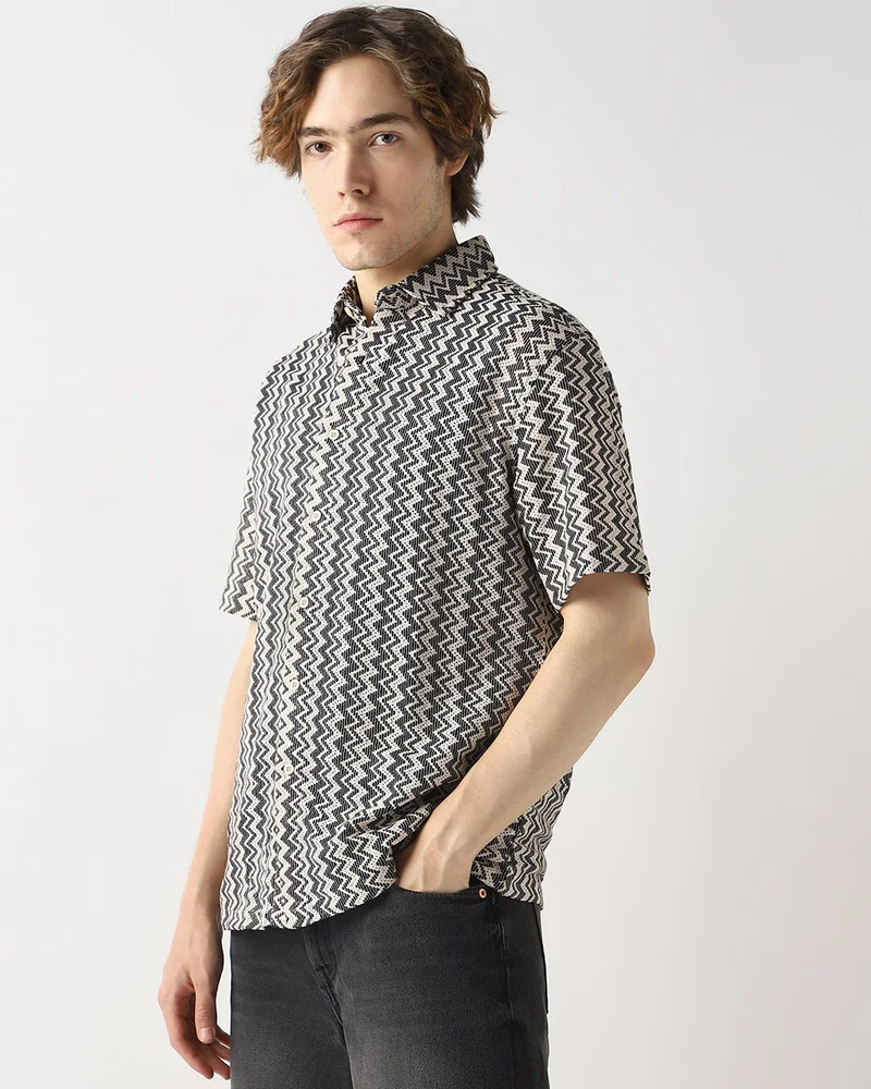 bewakoof Men's Off White & Black Textured Oversized Shirt