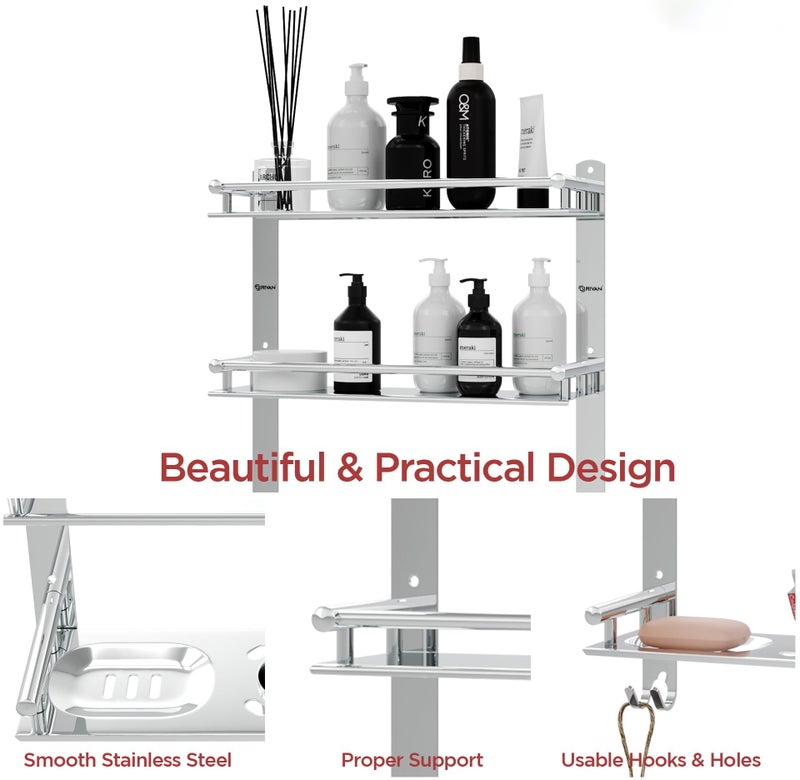 GLOXY Premium Bathroom Shelf Rack - Chrome Finish Stainless Steel 4in1 Wall Mount Bathroom Soap Rack with Toothbrush Holder - Bathroom Fittings Accessories Set with Multipurpose Hooks - Image 5