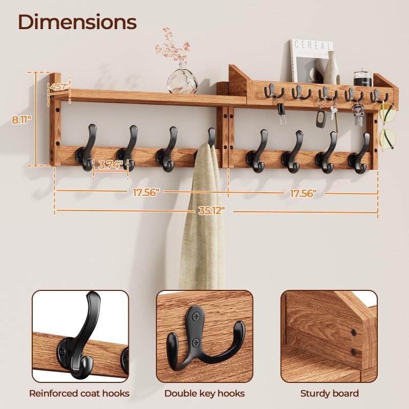 Evermagin 35" Coat Rack Wall Mount with Shelf, 4 in 1 Wall Mounted Coat and Key Hanger with 13 Hooks, Entryway Key Holder with Mail Holder for Living Room, Bedroom - Image 2