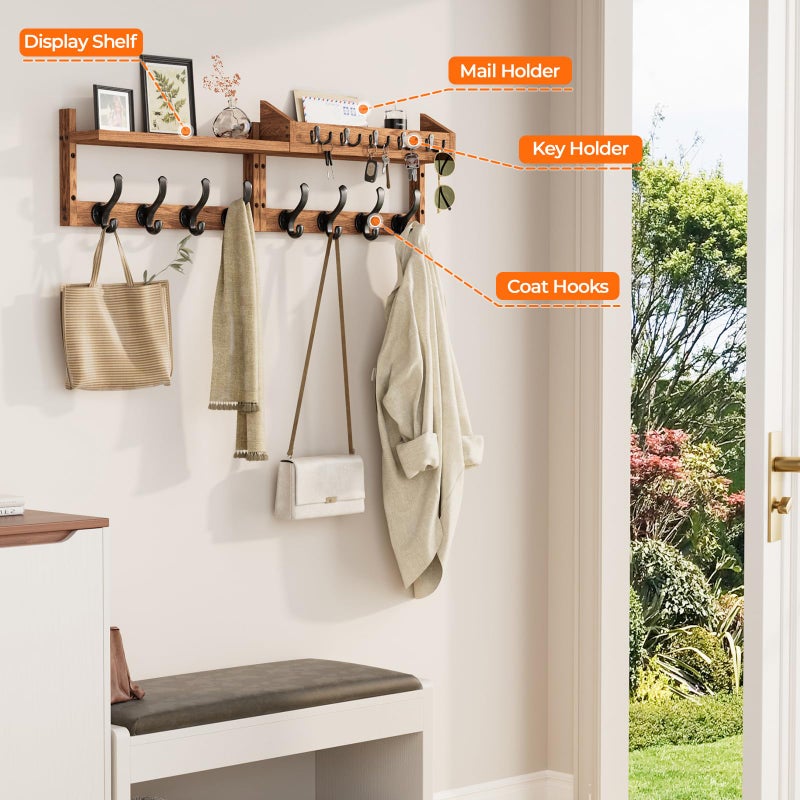 Evermagin 35" Coat Rack Wall Mount with Shelf, 4 in 1 Wall Mounted Coat and Key Hanger with 13 Hooks, Entryway Key Holder with Mail Holder for Living Room, Bedroom - Image 5