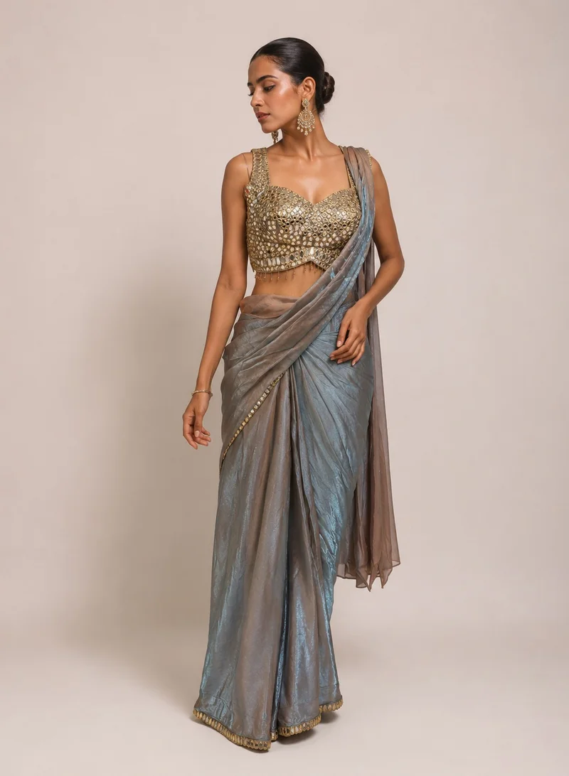 Lehar Moonlit Blue Drape Saree with Mirror Embellished Blouse