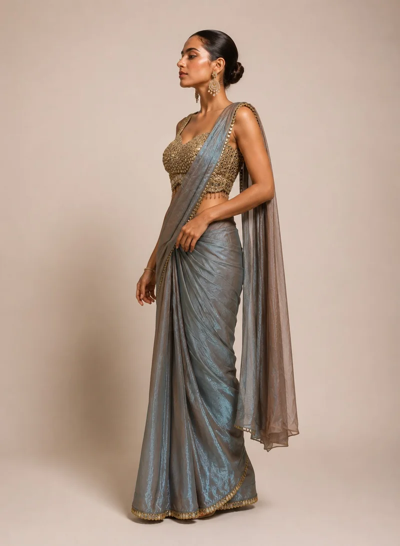 Lehar Moonlit Blue Drape Saree with Mirror Embellished Blouse