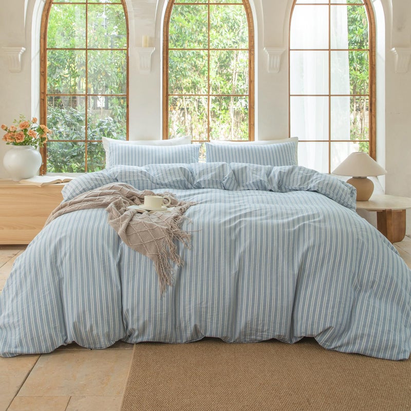 BESTDESIL Luxury 100% Washed Cotton Linen Like Duvet Cover Set,3 Pcs Striped Duvet Cover with Zipper Closure(Strip-Cornflower Blue/White,King) - Image 2