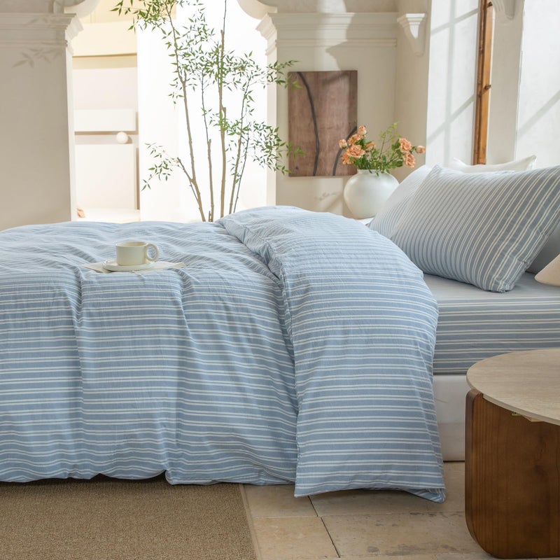 BESTDESIL Luxury 100% Washed Cotton Linen Like Duvet Cover Set,3 Pcs Striped Duvet Cover with Zipper Closure(Strip-Cornflower Blue/White,King) - Image 4