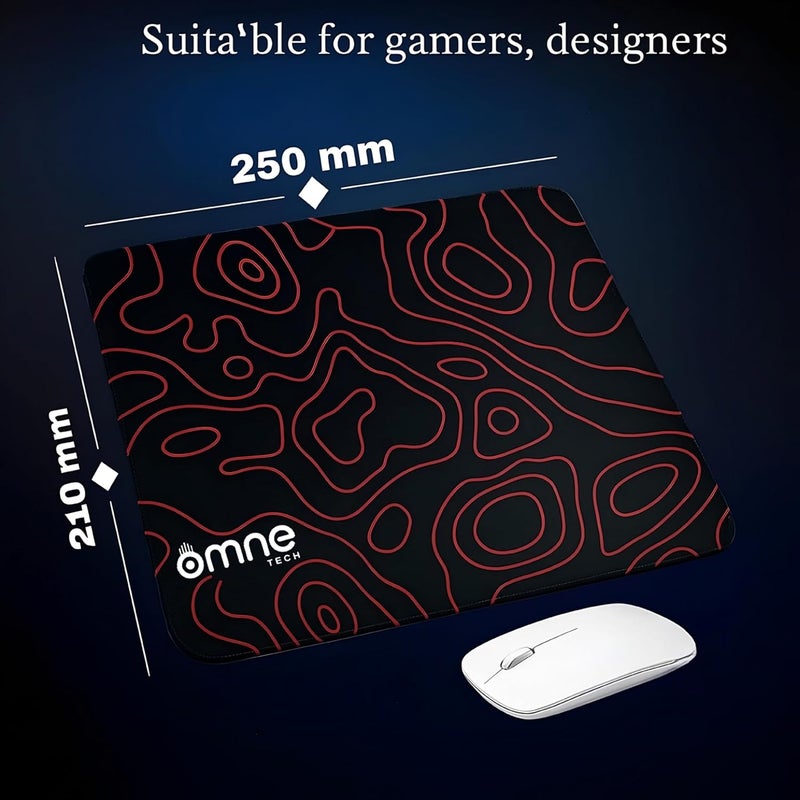 omne TECH Topographic Pattern Mouse Mat | Premium Gaming & Office Mouse Pad | 3mm Thick Anti-Slip Rubber Base | Smooth Speed Surface | Stitched Edges | Black-Red & White-Black Designs - Image 2
