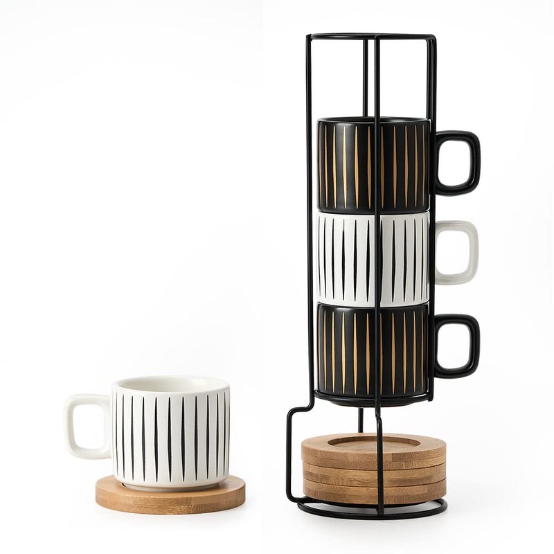 LUKA Porcelain Espresso Cup with Saucer and Metal Stand, 4 Ounce Stackable Ceramic Demitasse Espresso Mugs Cups Set for Latte, Specialty Coffee Drinks, Cafe Mocha,Tea - Set of 4, White & Black - Image 1