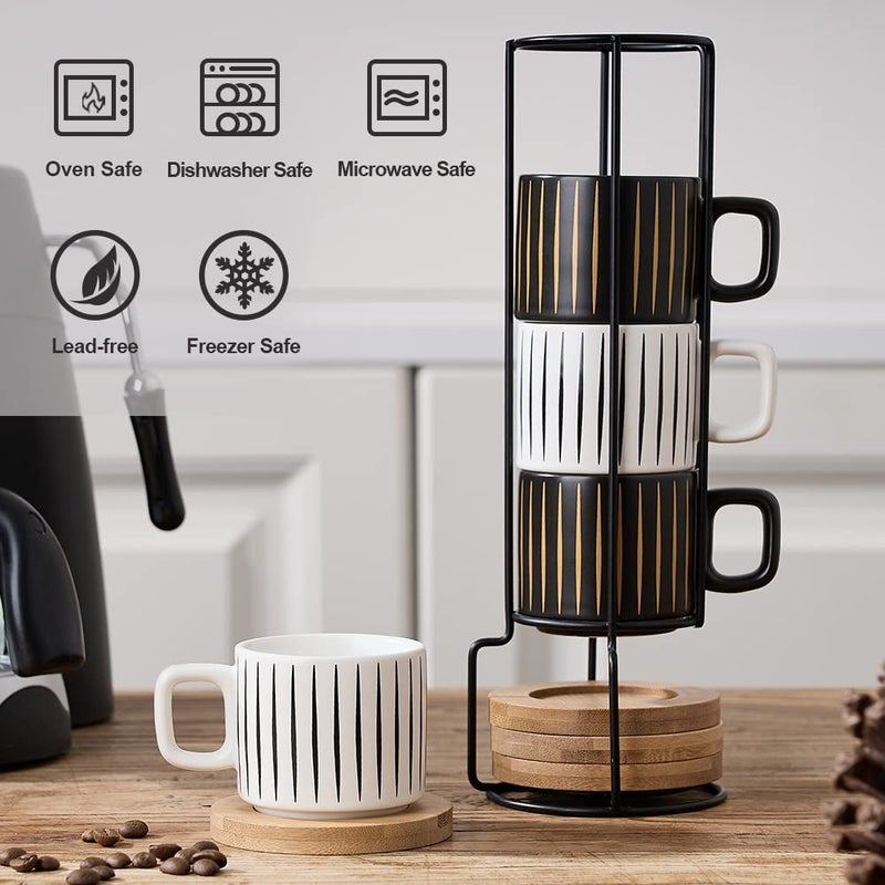 LUKA Porcelain Espresso Cup with Saucer and Metal Stand, 4 Ounce Stackable Ceramic Demitasse Espresso Mugs Cups Set for Latte, Specialty Coffee Drinks, Cafe Mocha,Tea - Set of 4, White & Black - Image 4