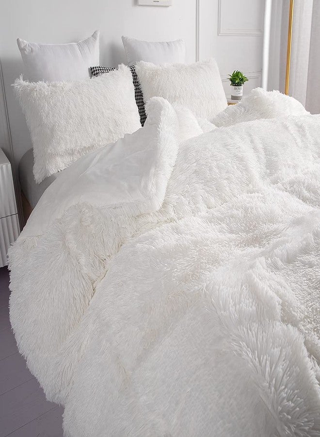 chovy Faux Fur Plush White Comforter Sets Full/Queen - Ultra Soft Shaggy Flannel Velvet Fluffy Fuzzy 3PC Bedding Set （Comforter x 1 Pillowcases x 2） - Image 2