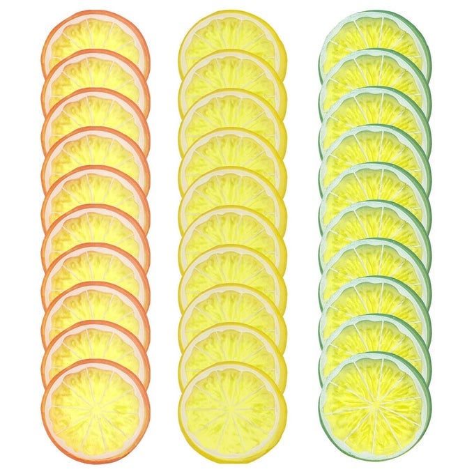 30 PCS ARTIFICIAL LEMON SLICES SIMULATION LEMON SLICES PLASTIC FAKE FRUIT ARTIFICIAL LIFELIKE SMALL FRUIT MODEL FOR HOME KITCHEN TABLE PARTY DECOR PHOTOGRAPHY PROP WEDDING DECORATION MIXED COLORS