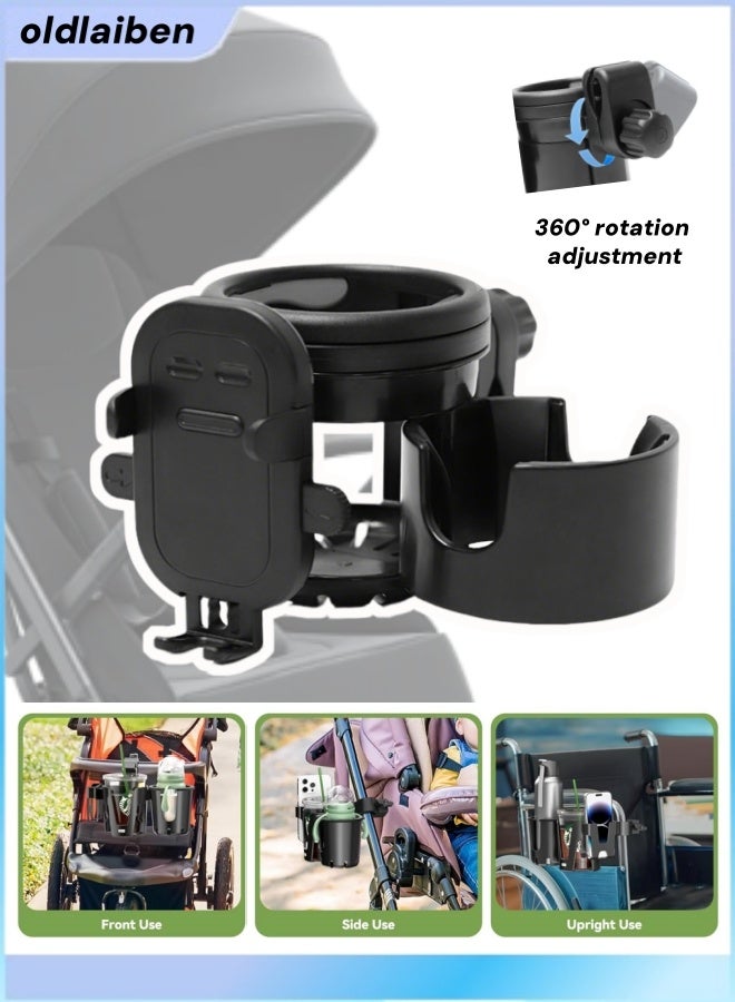 oldlaiben Stroller Cup Holder,Baby Stroller Holder,3-In-1 Cup Phone Holder,Double Cup Design,Baby Pram Milk Bottle Holder,With Phone Holder,360° Rotation,Anti-Slip Design,For Stroller,Scooter(Black) - Image 1