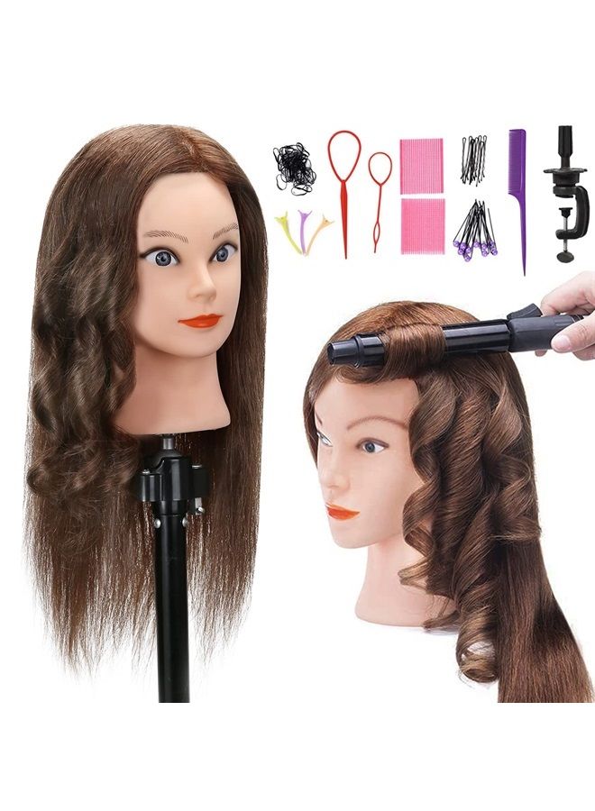 SILKY SILKY 100% Human Real Hair Mannequin Head with 9 Tools and Clamp, Hairdressers' Practice Training Manikin Head and Cosmotology Doll Head for Hairstyling and Braid - Dark Brown - Image 1