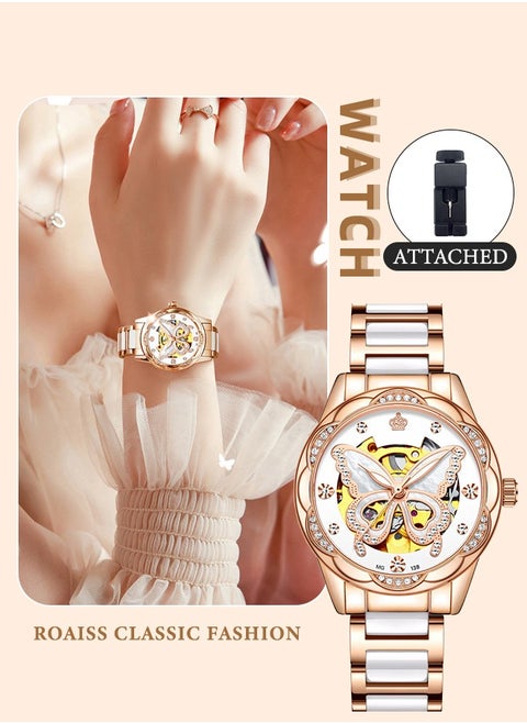 Women's Ceramics Strap Mechanical Watch Analog Display Round Dial with Hollow Butterfly Pattern and Rhinestones Decoration Waterproof Luminous Wristwatch as Gift for Ladies