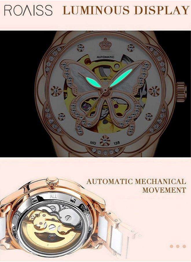 roaiss - Women's Ceramics Strap Mechanical Watch Analog Display Round Dial with Hollow Butterfly Pattern and Rhinestones Decoration Waterproof Luminous Wristwatch as Gift for Ladies - Image 1