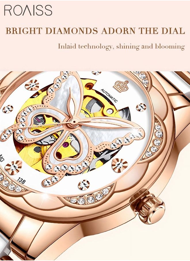 roaiss - Women's Ceramics Strap Mechanical Watch Analog Display Round Dial with Hollow Butterfly Pattern and Rhinestones Decoration Waterproof Luminous Wristwatch as Gift for Ladies - Image 1