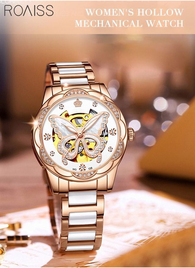 roaiss - Women's Ceramics Strap Mechanical Watch Analog Display Round Dial with Hollow Butterfly Pattern and Rhinestones Decoration Waterproof Luminous Wristwatch as Gift for Ladies - Image 1