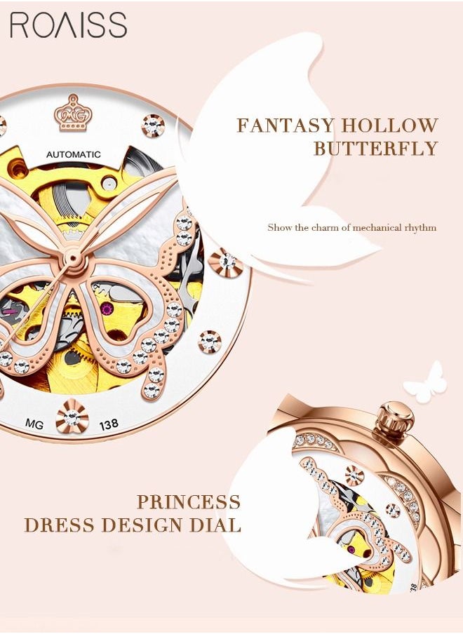 roaiss - Women's Ceramics Strap Mechanical Watch Analog Display Round Dial with Hollow Butterfly Pattern and Rhinestones Decoration Waterproof Luminous Wristwatch as Gift for Ladies - Image 1