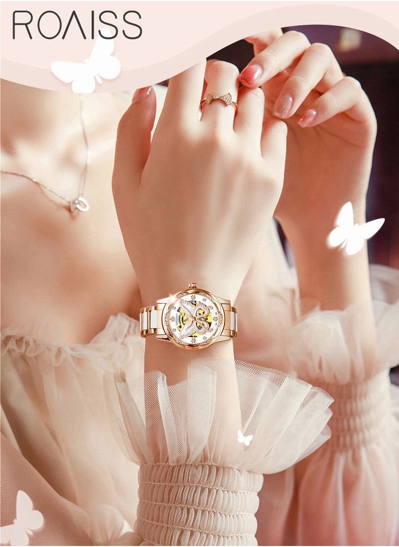 roaiss - Women's Ceramics Strap Mechanical Watch Analog Display Round Dial with Hollow Butterfly Pattern and Rhinestones Decoration Waterproof Luminous Wristwatch as Gift for Ladies - Image 1