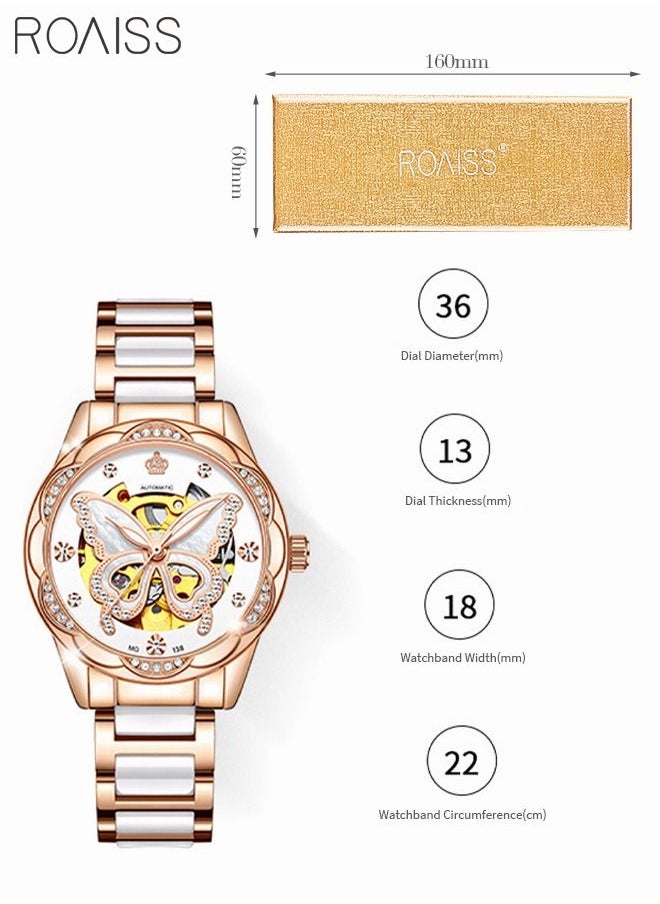 roaiss - Women's Ceramics Strap Mechanical Watch Analog Display Round Dial with Hollow Butterfly Pattern and Rhinestones Decoration Waterproof Luminous Wristwatch as Gift for Ladies - Image 1