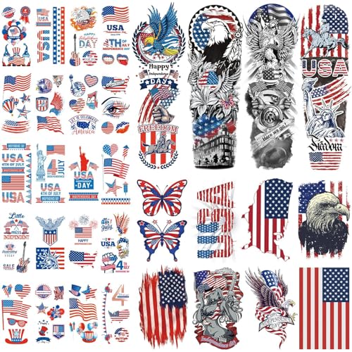 CUTELIILI Independence Day Temporary Tattoo,4th of July Sleeve Tattoo, American Flag Fake Tattoos,Red White and Blue Party Supplies,USA Flag, Memorial Day, Labor Day - Image 1