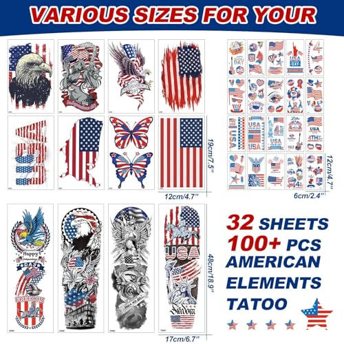 CUTELIILI Independence Day Temporary Tattoo,4th of July Sleeve Tattoo, American Flag Fake Tattoos,Red White and Blue Party Supplies,USA Flag, Memorial Day, Labor Day - Image 2