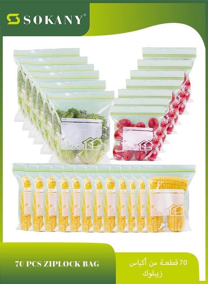 sokany 70 Packs Reusable Food Storage Bags, Freezer Ziplock Lunch Bags for Meats Meals, Vegetables, Fruits, Desserts, Snacks 15 Large/25 Medium/30 Small (Clear/White) - Image 1
