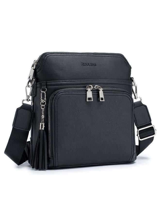 Roulens Crossbody Purse for Women Vegan Leather Medium Crossbody Wallet Bag for Travel Women Shoulder Handbags with Tassel, Black, Medium - Image 1