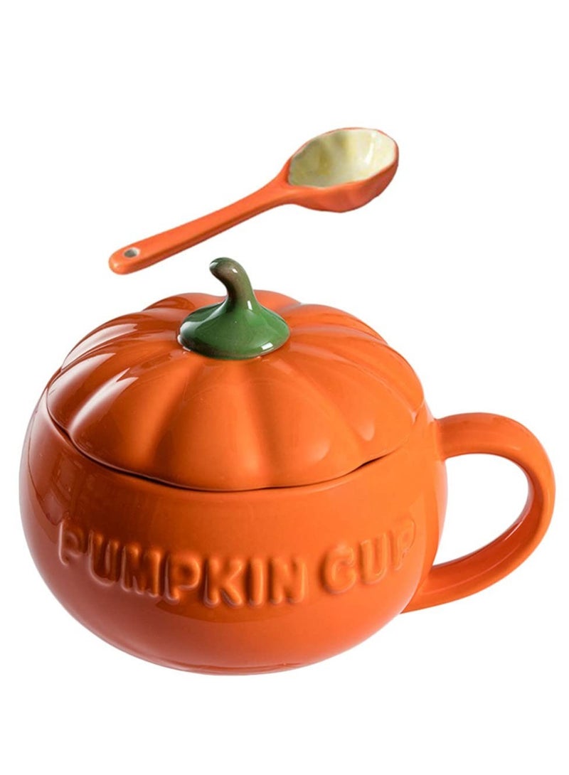 Excefore Pumpkin Ceramics Mug, Pumpkin Shape Ceramic Cup, Creative Pumpkin Cup, Coffee Tea Cup, Milk Soup Mug, with Lid Spoon for Spices (Orange)  - Image 1