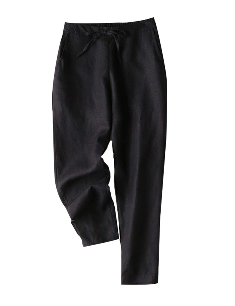 Tanming Linen Pants for Women Summer Casual High Waisted Drawstring White Beach Pant (Black, Medium) - Image 1