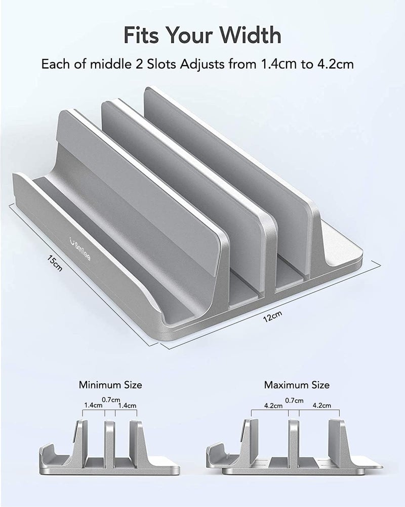 Smilee Vertical Laptop Stand for Desk, Heavy Duty Polished Aluminum Desktop Holder for Laptop, Tablet and Phone (3 Slots, Silver) - Image 3