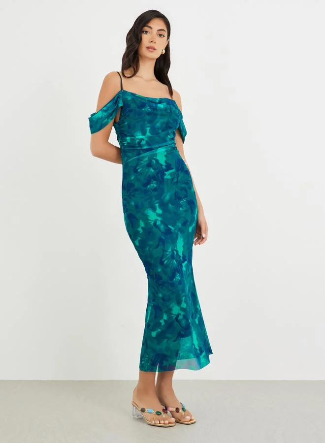 ستايلي Styli Printed Off-Shoulder Bodycon Midi Dress
