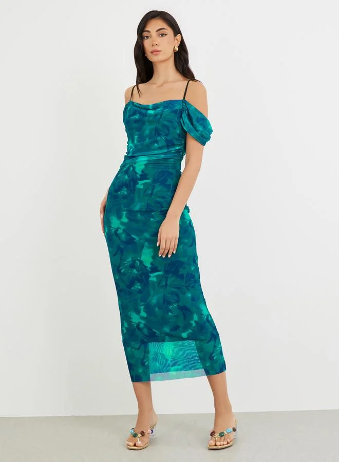 ستايلي Styli Printed Off-Shoulder Bodycon Midi Dress